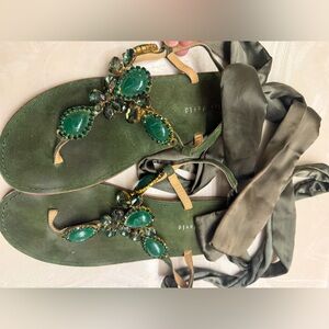 Emerald Jeweled Satin Wrap Sandals